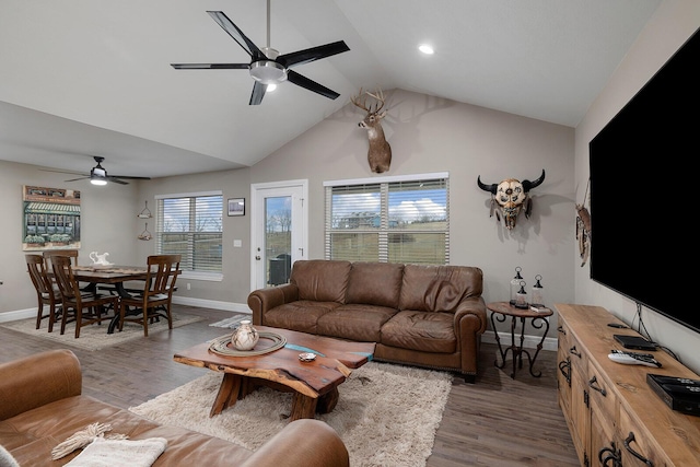 living room with ceiling fan, high vaulted ceiling, and dark hardwood / wood-style flooring