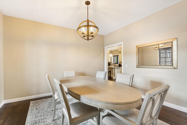 dining area featuring dark hardwood / wood-style floors and a chandelier