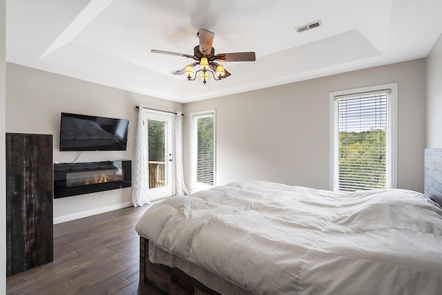 bedroom featuring multiple windows, access to exterior, a tray ceiling, and dark hardwood / wood-style floors