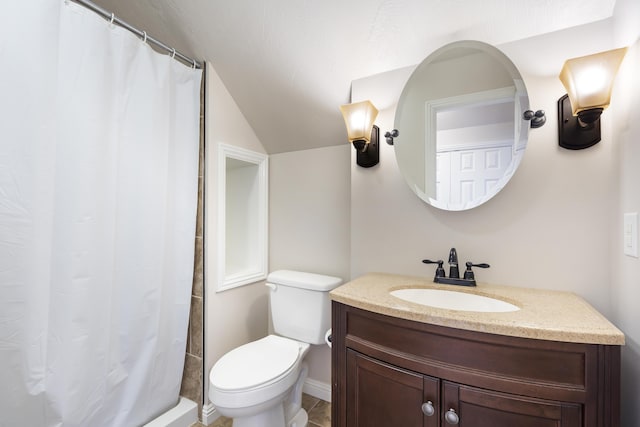 bathroom with a shower with shower curtain, vanity, toilet, and vaulted ceiling