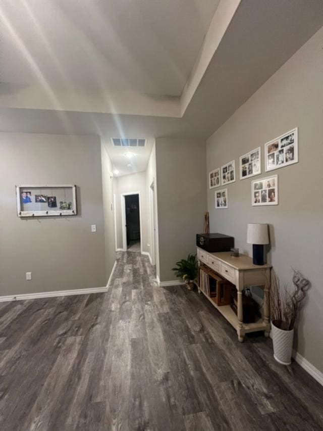 hall with a raised ceiling and dark hardwood / wood-style flooring