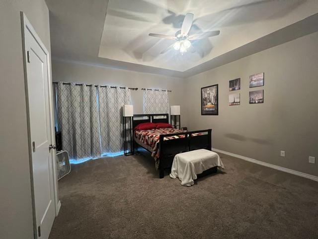 carpeted bedroom featuring a raised ceiling and ceiling fan