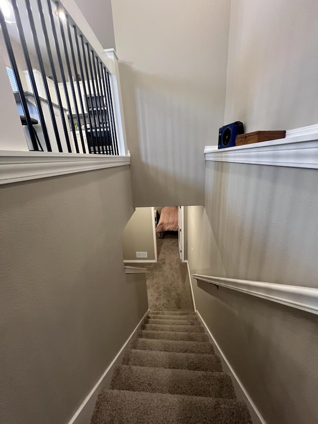 stairway featuring carpet