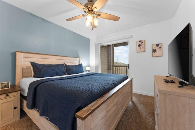 carpeted bedroom with access to exterior and ceiling fan