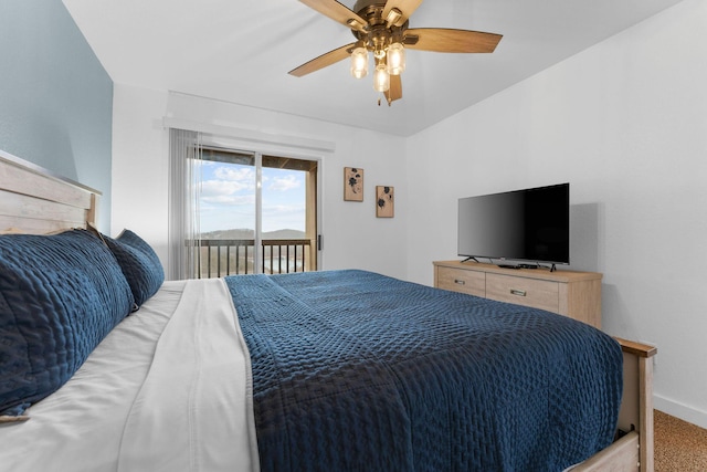 carpeted bedroom with access to exterior and ceiling fan