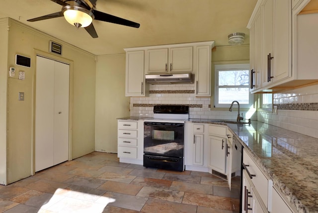 kitchen featuring dishwasher, ornamental molding, under cabinet range hood, a sink, and range with electric stovetop