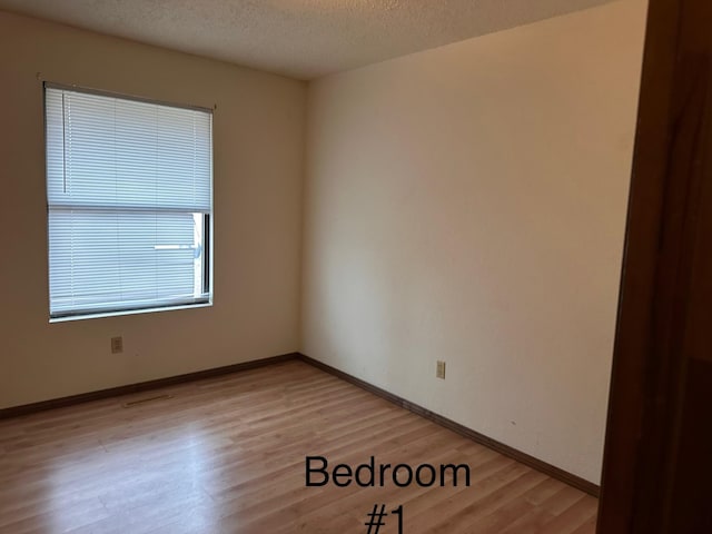 unfurnished room featuring light hardwood / wood-style floors and a textured ceiling