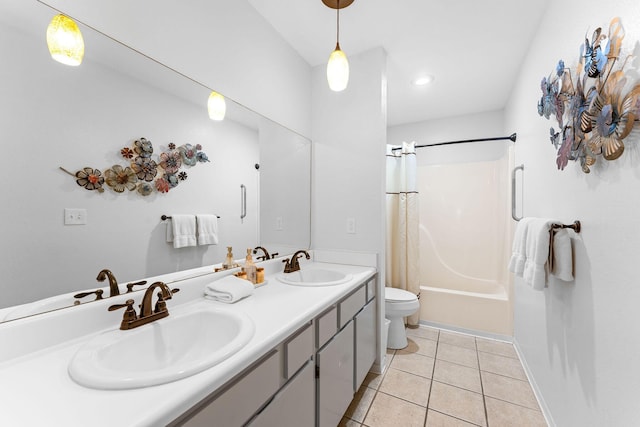 full bathroom featuring tile patterned flooring, vanity, shower / bath combination with curtain, and toilet