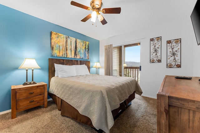 carpeted bedroom with access to exterior and ceiling fan