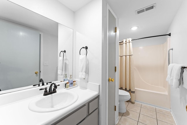 full bathroom featuring tile patterned flooring, vanity, toilet, and shower / bathtub combination with curtain