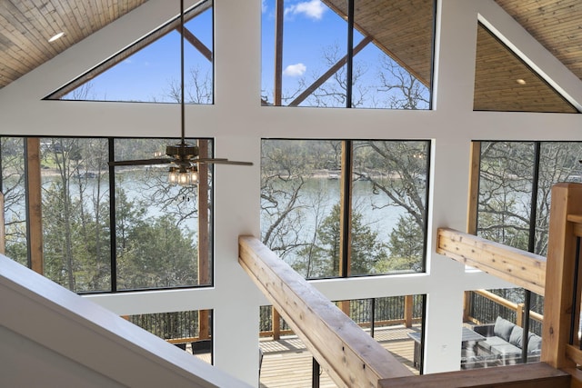 interior details with a water view and wooden ceiling