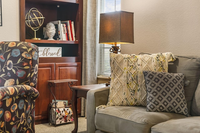 sitting room with light colored carpet