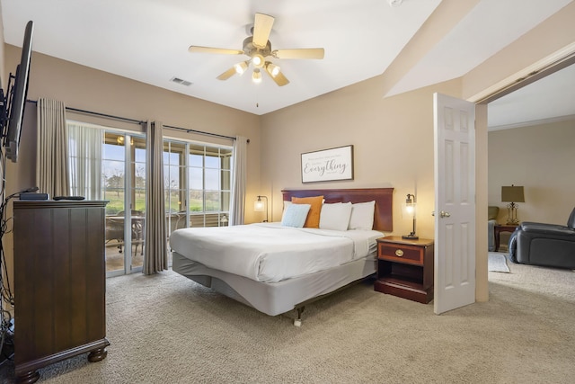 carpeted bedroom with access to outside and ceiling fan