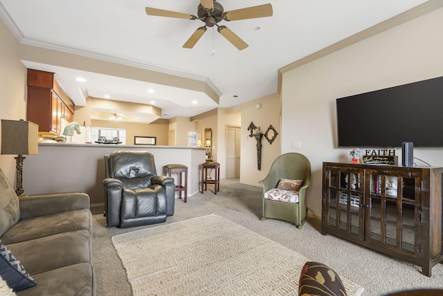 living room featuring light colored carpet, ornamental molding, and ceiling fan