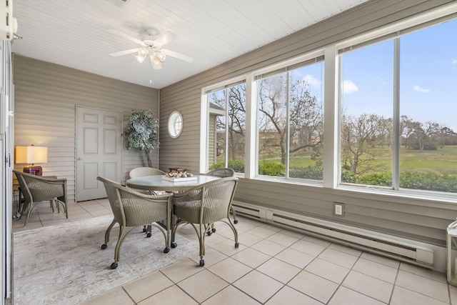 sunroom / solarium featuring baseboard heating and ceiling fan