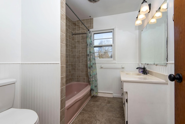 full bathroom featuring tile patterned flooring, a baseboard radiator, shower / tub combo, and vanity