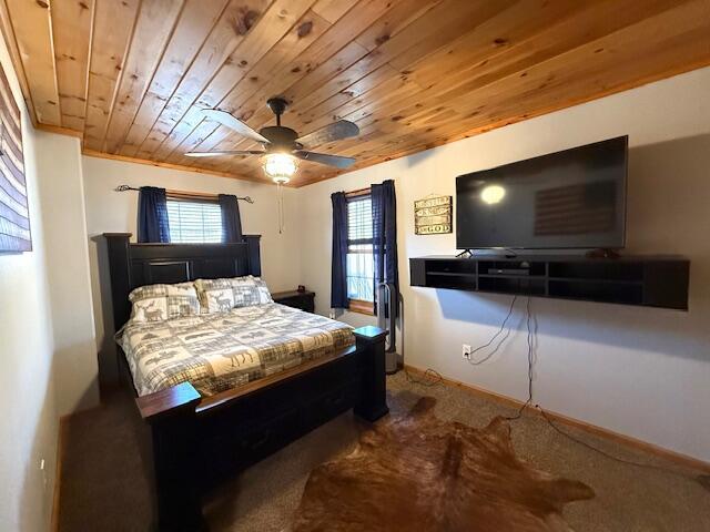 carpeted bedroom featuring wood ceiling and ceiling fan