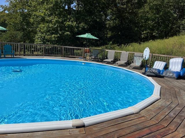 view of swimming pool with a deck