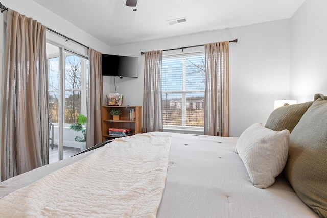 bedroom featuring ceiling fan, access to exterior, and multiple windows