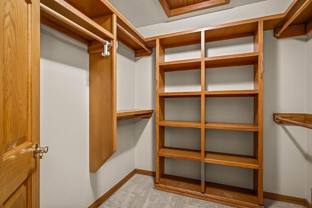 walk in closet featuring light colored carpet