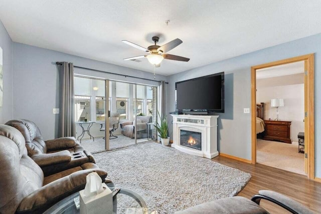 living room featuring ceiling fan and hardwood / wood-style floors