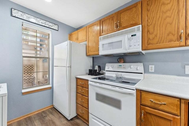 kitchen with dark hardwood / wood-style flooring and white appliances