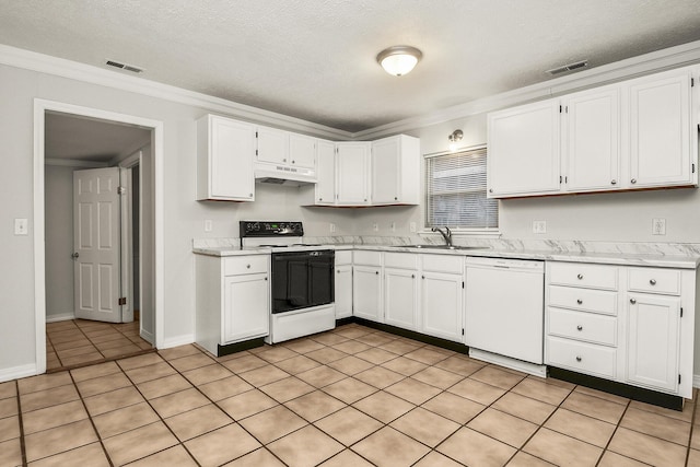 kitchen featuring range with electric cooktop, white cabinetry, sink, ornamental molding, and white dishwasher