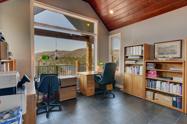 home office featuring lofted ceiling, a healthy amount of sunlight, a mountain view, and wooden ceiling