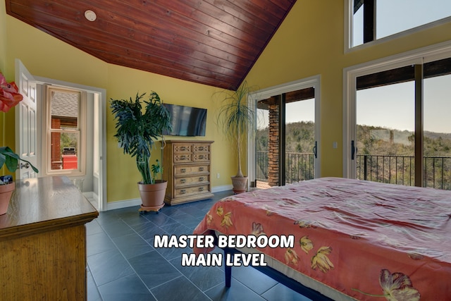 bedroom with lofted ceiling, wooden ceiling, access to outside, and dark tile patterned flooring