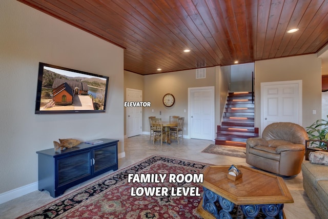 tiled living room featuring wood ceiling