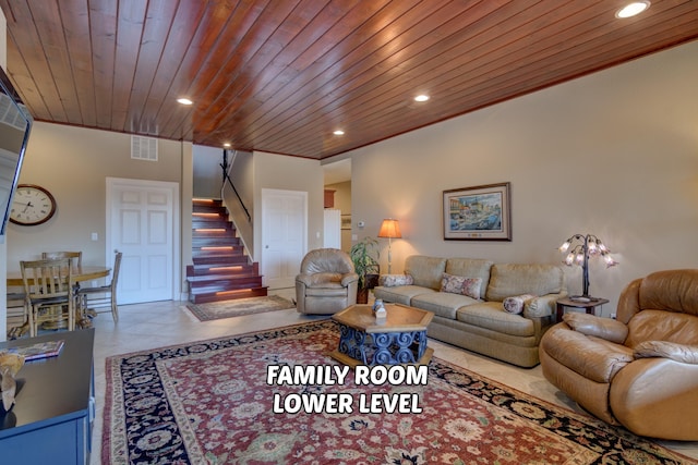 living room with wood ceiling