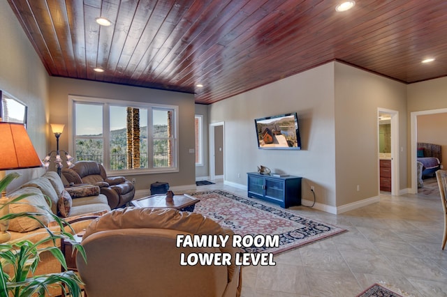 living room featuring wood ceiling