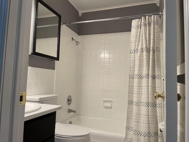 bathroom featuring toilet, shower / bath combination with curtain, crown molding, and vanity