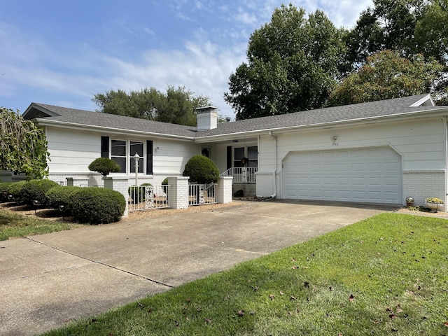 ranch-style house with a garage, concrete driveway, brick siding, and a chimney