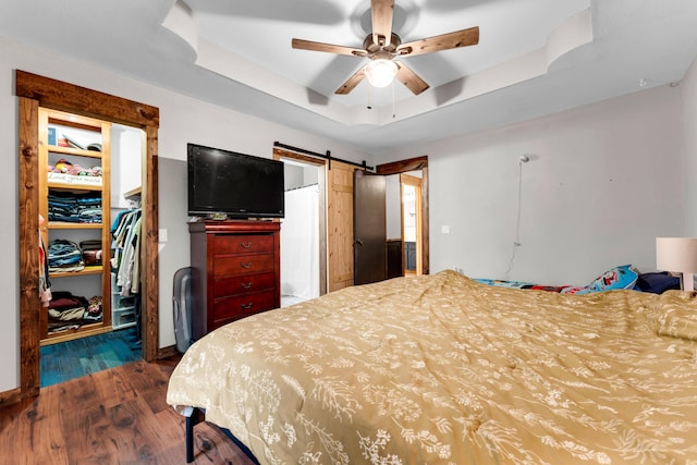 bedroom featuring dark wood-type flooring, a spacious closet, a raised ceiling, a closet, and a barn door