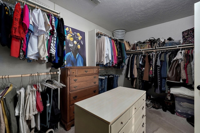 spacious closet featuring light colored carpet