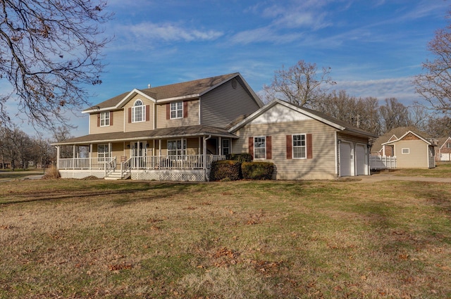 view of front of house with a garage, covered porch, and a front lawn