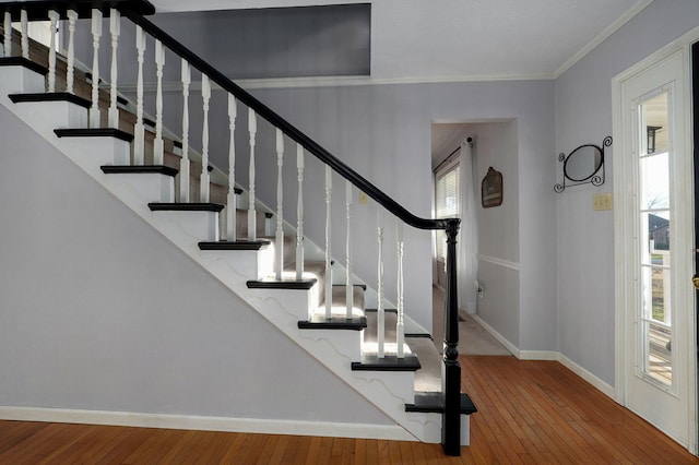 stairs with hardwood / wood-style flooring and crown molding