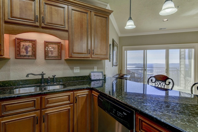 kitchen with sink, hanging light fixtures, dark stone countertops, stainless steel dishwasher, and ornamental molding