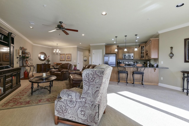 carpeted living room featuring crown molding and ceiling fan with notable chandelier