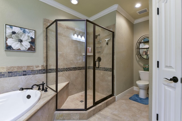 bathroom featuring independent shower and bath, crown molding, and toilet