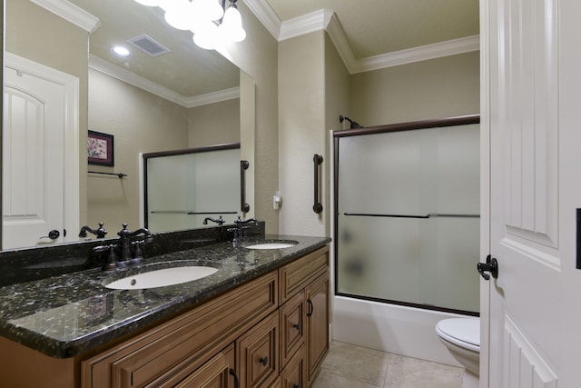 full bathroom featuring tile patterned flooring, bath / shower combo with glass door, ornamental molding, and toilet