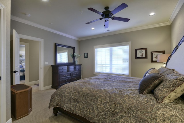 bedroom with crown molding, ceiling fan, and light carpet