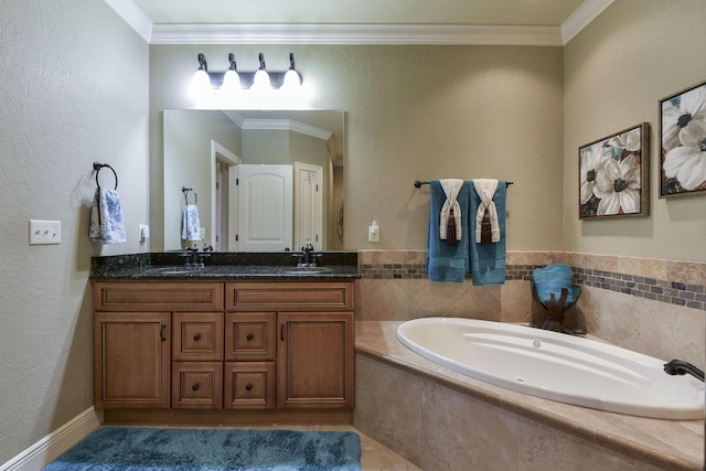 bathroom featuring vanity, crown molding, and a relaxing tiled tub