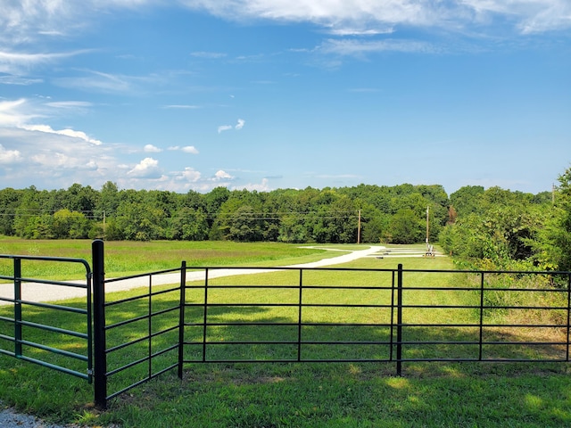 view of gate with a yard and a rural view