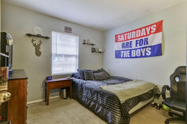 bedroom with light carpet