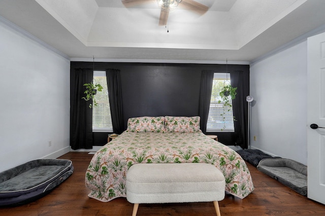 bedroom featuring ceiling fan, a tray ceiling, and dark hardwood / wood-style flooring