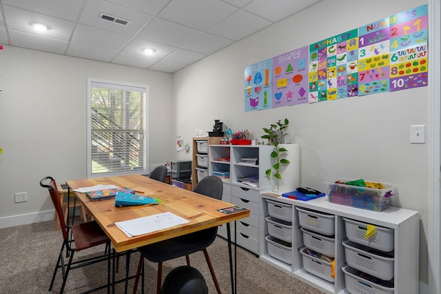 office area featuring a paneled ceiling and carpet flooring