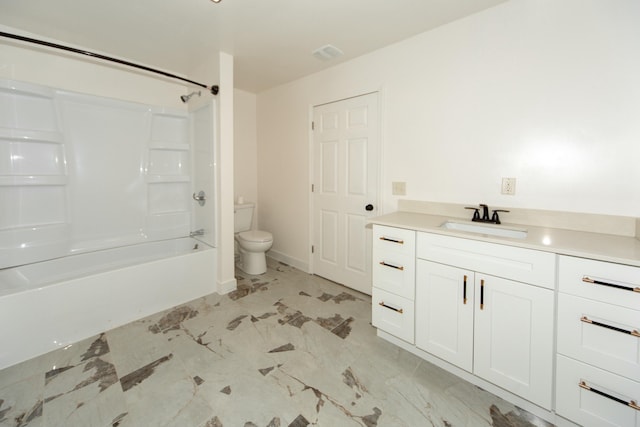 full bathroom with shower / bath combination, vanity, and toilet