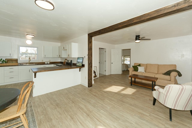 living room featuring ceiling fan, sink, light hardwood / wood-style floors, and beam ceiling